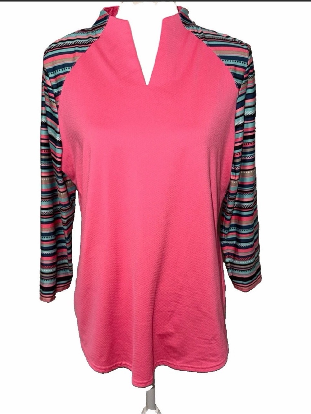 Jofit Vista Women’s L 3/4 Sleeve Golf Tennis Top Pink Striped Mock V Neck UPF